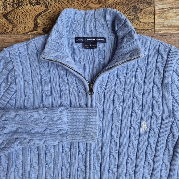 Vintage Y2K Ralph Lauren Sport Pony Cotton Cable Knit Zip Cardigan Pocket Blue - Picture 2 of 15